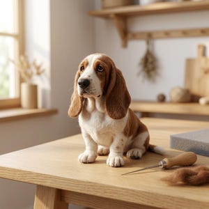 May include: A needle-felted Basset Hound puppy figurine with brown and white fur, long drooping ears, and a black nose. The small dog sculpture sits on a wooden surface next to a metal felting needle with a wooden handle and loose brown wool.