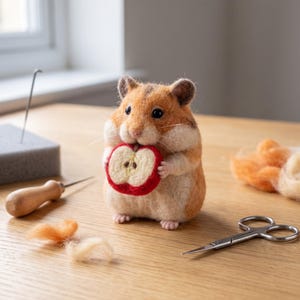 Könnte beinhalten: Eine nadelgefilzte Hamsterfigur mit orangefarbenem, braunem und weißem Fell, die eine kleine Apfelscheibe aus rotem und weißem Filz hält. Der Hamster hat schwarze Perlenaugen und eine rosa Nase, gefertigt mit einer strukturierten Wolloberfläche.