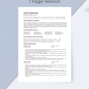 May include: A one-page resume template featuring black text on a white background. The document includes sections for professional summary, skills, education, and work experience, with placeholders like Avery Morgan and contact details.