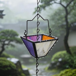 May include: A hanging planter constructed from stained glass panels in shades of purple, orange, and white, held together by black metal framing. The planter is suspended by a black metal chain and is covered in small water droplets from the rain.