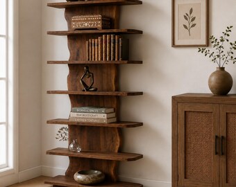 Handcrafted Teak Wood Organic Display Shelf | Live Edge Bookshelf | Wabi Sabi Storage Cabinet