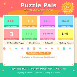 May include: A digital educational activity sheet titled Puzzle Pals Math Adventures for ages 4-6. It features eight colorful boxes with math tasks like Count & Match, Finish the Pattern, Picture Addition, Shape Sort, Trace Numbers, Before & After, More or Less, and Tally Marks.
