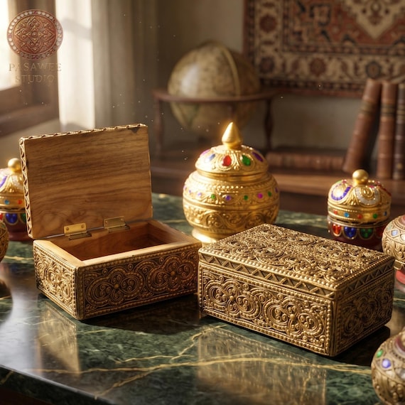 Handcrafted Thai Gold Relief Wooden Box | Baan Tawai Keepsake Box | Antique Style Rectangular Jewelry Storage