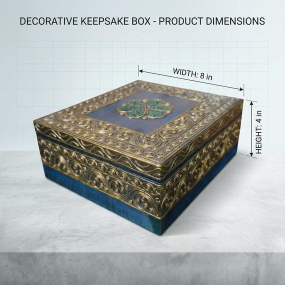 Ornate Blue Wooden Keepsake Box with Gold Relief Art & Glass Inlay | Vintage Style Jewelry Box | Tarot Card Stash Box | 