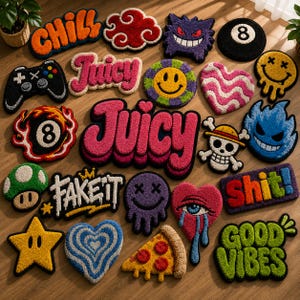 May include: A collection of various tufted rugs featuring diverse designs including text like Juicy, Chill, Fake It, Shit, and Good Vibes, alongside icons such as a game controller, smiley faces, hearts, a pizza slice, and a skull and crossbones.