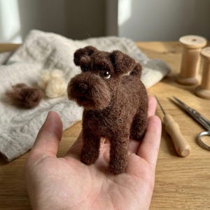 Op de afbeelding: Een klein, donkerbruin naaldgevilte hondenfiguurtje met een textuurrijke, wollen uitstraling. Het beeldje heeft een afgeronde snuit, kleine rechtopstaande oren en donkere, glanzende ogen, wat een hond van het terriërtype in stand weergeeft.