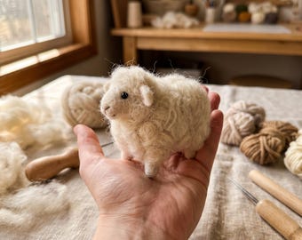 Sheep Thick Curled Ivory Fleece Compact Four Leg Ovine Needle Felting Kit Linen Craft Table Window Display