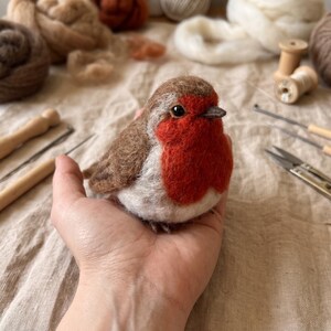 Könnte beinhalten: Eine nadelgefilzte Rotkehlchen-Figur mit leuchtend roter Brust, braunen Flügeln und weißem Bauch. Der Vogel hat einen kleinen dunklen Schnabel und ein schwarzes Perlenauge, gefertigt mit einer strukturierten Wolloberfläche, die weiche Federn imitiert.