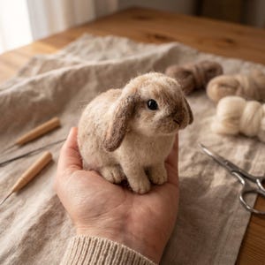 以下が含まれることがあります： ニードルフェルトで作られたロップイヤーラビットのフィギュア。ライトブラウンとクリーム色の羊毛フェルトを使用しています。垂れ下がった長い耳、黒いビーズの目、丸みを帯びた柔らかい体を持つ、質感のある小さな動物の彫刻です。