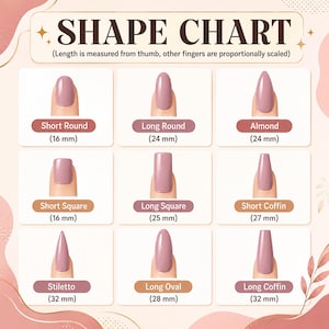 K&ouml;nnte beinhalten: Eine Nagelformtabelle mit neun mauvefarbenen Nagelstilen, Beschriftungen und Ma&szlig;en in Millimetern. Die Tabelle enth&auml;lt Short Round 16mm, Long Round 24mm, Almond 24mm, Short Square 16mm, Long Square 25mm, Short Coffin 27mm, Stiletto 32mm, Long Oval 28mm und Long Coffin 32mm.
