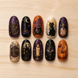 May include: Ten oval-shaped press-on nails featuring detailed Halloween-themed illustrations including a spellbook, witch hat, cauldron, black cat, Witches Brew bottle, Salem sign, haunted house, lit candle, mystical eye, and a pumpkin with a bat.