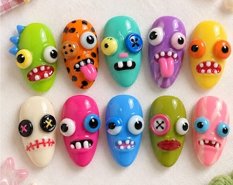 Funny Ugly Monster Press On Nails / 3D Kawaii Monster / Colorful Character Nails / Y2K Toy Aesthetic / Cute Statement Nails