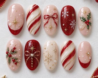 Red Christmas Press On Nails / Candy Cane Nails / Pink Coquette Bow / Gold Snowflakes / Holly Berry / Glitter Holiday Nail Art