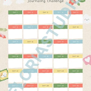Op de afbeelding: Een 30-dagen journaling challenge tracker blad op een lichtbeige achtergrond. De koptekst luidt 30 DAYS Journaling Challenge. Het bevat een raster van dertig witte vakken met kleurrijke kopteksten gelabeld Day 1 tot Day 30, versierd met regenbogen, bloemen en kleine dierillustraties.