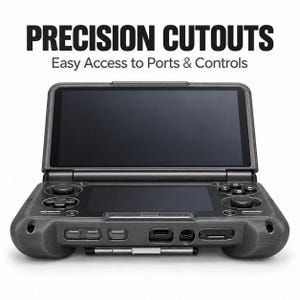 Może przedstawiać: Ciemnoszare etui ochronne na przenośną konsolę do gier z precyzyjnymi wycięciami na porty i przyciski. Tekst PRECISION CUTOUTS oraz Easy Access to Ports & Controls znajduje się nad urządzeniem wyposażonym w ekran i zestaw przycisków.