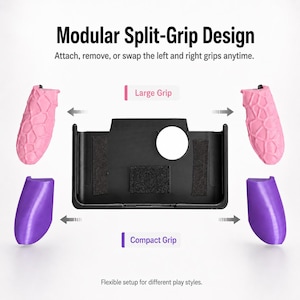Könnte beinhalten: Ein schwarzes Gaming-Controller-Gehäuse mit modularem Split-Grip-Design. Das Set enthält zwei rosa texturierte große Griffe und zwei violette glatte kompakte Griffe. Text: Modular Split-Grip Design, Large Grip, Compact Grip, Flexible setup.