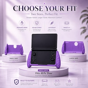 May include: A purple ergonomic grip accessory for the AYN Thor handheld gaming console. The set includes a small grip and a large grip, both featuring a textured surface. The central console is shown with the purple grip attached, displaying buttons.