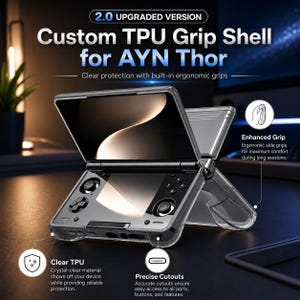 May include: A clear TPU grip shell for the AYN Thor handheld gaming device. The protective case features ergonomic side grips, precise cutouts for ports and buttons, and a transparent design. Text on the image reads 2.0 UPGRADED VERSION.