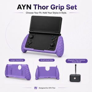 May include: AYN Thor Grip Set featuring a purple honeycomb-textured grip attached to a handheld gaming console. Includes a large-hand grip, a small-hand grip, and a black magnetic Thor hammer stylus stand. Text reads AYN Thor Grip Set.