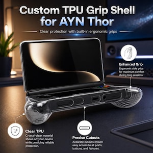 May include: A clear TPU grip shell for the AYN Thor handheld gaming device. The case features ergonomic side grips, precise cutouts for ports and buttons, and a transparent design. Text on the image reads: Custom TPU Grip Shell for AYN Thor.