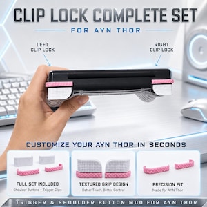 Könnte beinhalten: Ein schwarzes Spielgerät mit weißen und rosafarbenen, texturierten Clip-Verschlüssen. Der Text lautet CLIP LOCK COMPLETE SET FOR AYN THOR, CUSTOMIZE YOUR AYN THOR IN SECONDS, FULL SET INCLUDED, TEXTURED GRIP DESIGN und PRECISION FIT.