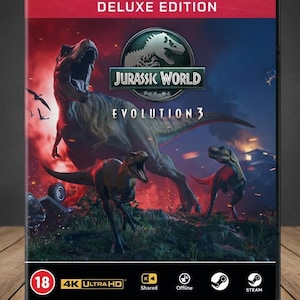 Könnte beinhalten: Deluxe Edition des Videospiels Jurassic World Evolution 3. Das Cover zeigt einen T-Rex und andere Dinosaurier in einer dramatischen Szene. Das Spiel ist ab 18 Jahren freigegeben und unterstützt 4K Ultra HD. Steam-Logo enthalten.