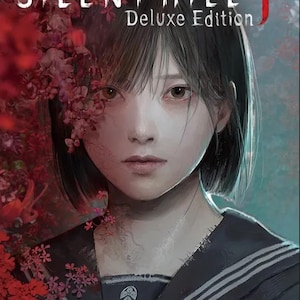 May include: A digital illustration of a person with short dark hair wearing a dark sailor-style uniform with white stripes. The text SILENT HILL f Deluxe Edition is displayed at the top. Red flowers are clustered on the left side of the image.