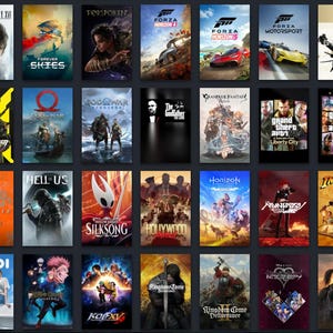 May include: A grid of thirty video game cover art posters arranged in five rows and six columns. The collection features various titles including Final Fantasy XVI, Forza Horizon, God of War, Grand Theft Auto, Half-Life, and The Last of Us.