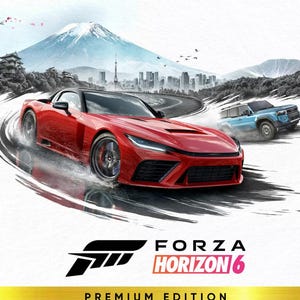 May include: A red sports car speeds along a winding road, with a blue SUV in the background. The image features a mountain and city skyline. The Forza Horizon 6 logo is at the bottom, with "Premium Edition" below it.