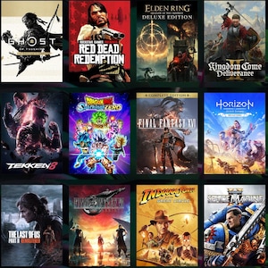 Pode incluir: Uma coleção de capas de jogos de vídeo, incluindo "Ghost of Tsushima," "Red Dead Redemption," e "Elden Ring: Deluxe Edition." Outros títulos são "Kingdom Come: Deliverance," "Tekken 8," e "Final Fantasy XVI."