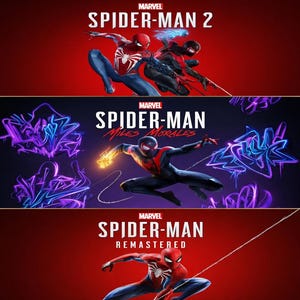May include: A promotional image for the Marvel Spider-Man video game series. The image features three panels with the titles "Spider-Man 2", "Spider-Man: Miles Morales", and "Spider-Man: Remastered". Each panel showcases a different Spider-Man character in action poses against a red background.