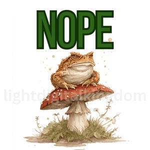 May include: A graphic illustration featuring a brown, textured toad sitting atop a red-capped mushroom with white spots. Above the toad, the word NOPE is printed in bold, dark green capital letters. The base shows green grass and small plants.