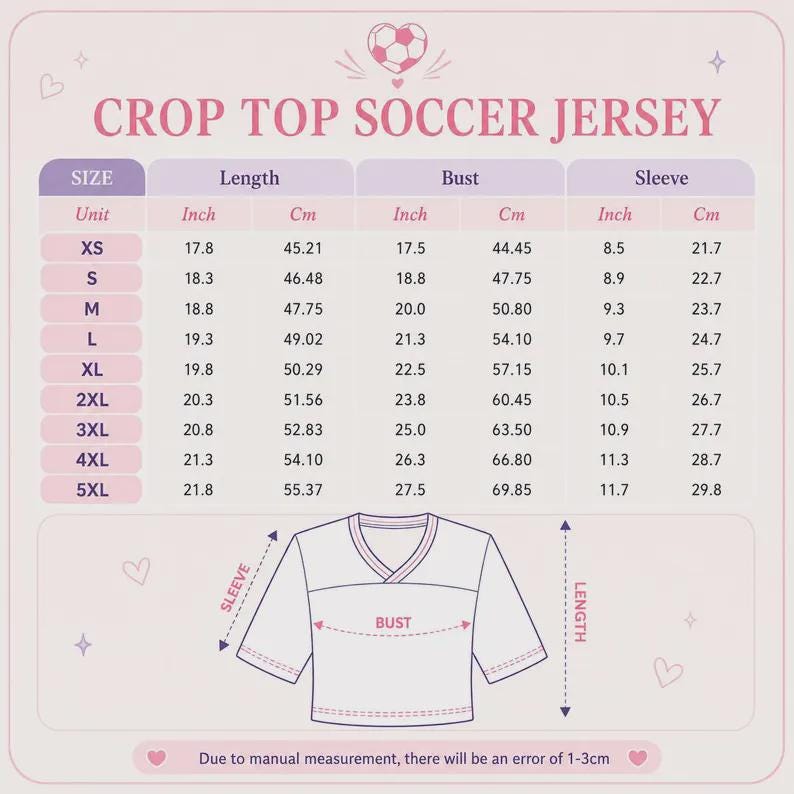K&ouml;nnte beinhalten: Eine hellrosa und wei&szlig;e Gr&ouml;&szlig;entabelle f&uuml;r ein kurzes Fu&szlig;balltrikot. Die Tabelle listet Ma&szlig;e in Zoll und Zentimetern f&uuml;r die Gr&ouml;&szlig;en XS bis 5XL auf, einschlie&szlig;lich L&auml;nge, Brustumfang und &Auml;rmell&auml;nge, mit einem Diagramm zur Messanleitung.