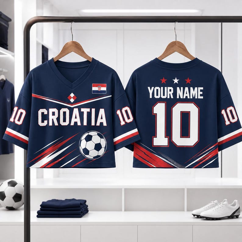 Custom Croatia Soccer Crop Top Jersey, Personalized Checkerboard Fan Tee, Women Name & Number Football Crop Shirt Bild 3