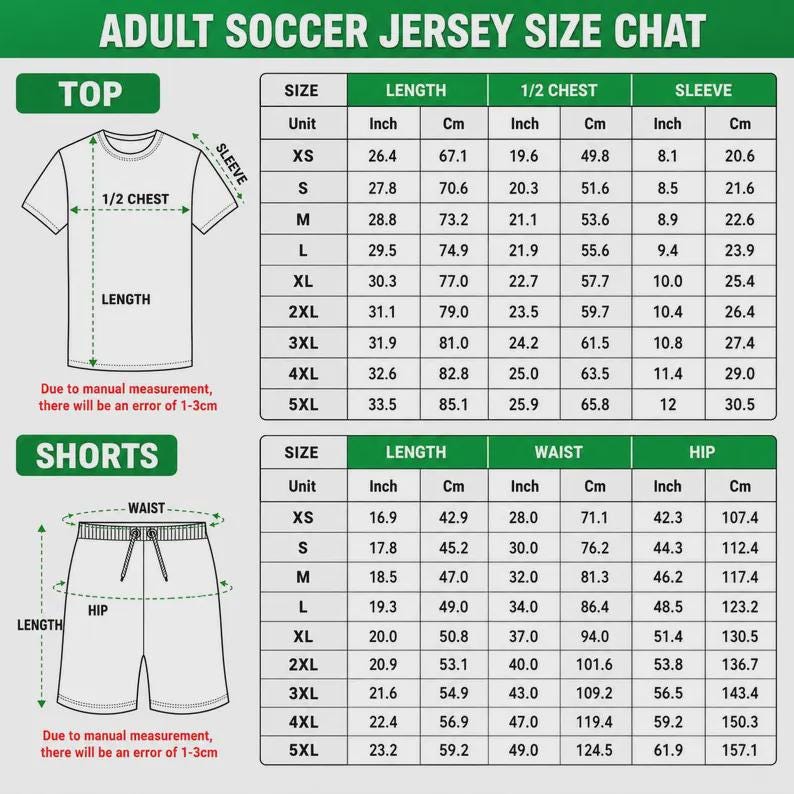 K&ouml;nnte beinhalten: Eine Gr&ouml;&szlig;entabelle f&uuml;r Fu&szlig;balltrikots f&uuml;r Erwachsene mit einer Skizze eines wei&szlig;en T-Shirts und einer Shorts sowie Ma&szlig;linien. Die Tabelle zeigt L&auml;ngen-, Brust-, &Auml;rmel-, Taillen- und H&uuml;ftma&szlig;e in Zoll und Zentimetern f&uuml;r die Gr&ouml;&szlig;en XS bis 5XL an.
