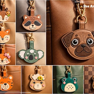 Può includere: Una collezione di dieci ciondoli per borsa a forma di animale che raffigurano un cervo, un procione, una volpe, un koala, un carlino, una tigre, una pecora, una rana e un orso. Ogni ciondolo ha una chiusura in metallo dorato. Appaiono le scritte "Use Any Material" e "GOXT".