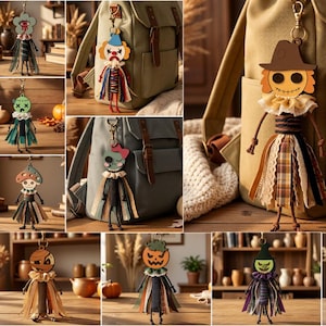 May include: A collection of Halloween-themed bag charms featuring various characters including a scarecrow, pumpkin, witch, and clown. Each charm consists of a wooden head attached to a fabric tassel skirt with ribbons, lace, and twine accents.