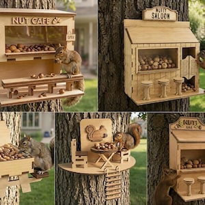 Puede incluir: Una colección de cinco comederos de madera para ardillas montados en troncos de árboles. Los diseños incluyen un Nut Cafe, un Nut Saloon con puertas batientes, una mesa de picnic, una mesa con sillas y un Nut Bar, llenos de varias nueces.