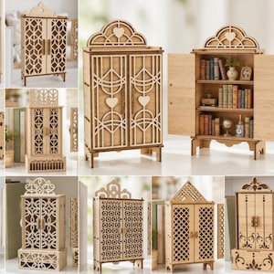 May include: A collection of miniature wooden cabinets featuring intricate laser-cut patterns on the doors. Some cabinets are shown closed, while others are open to reveal shelves stocked with tiny books, a small globe, and decorative items.