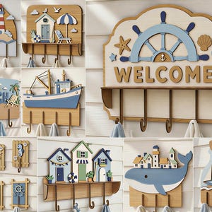 Portachiavi nautici da parete, file per taglio laser / 10 design per case sulla spiaggia in stile costiero, Glowforge xTool / Faro, ancora, balena / SVG digitale