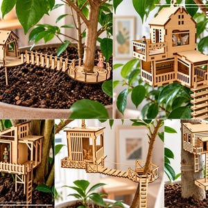 Puede incluir: Un kit de casa del árbol en miniatura de madera clara con múltiples niveles, balcones y puentes de conexión. La estructura incluye pequeñas figuras y está fabricada con paneles de madera de 3 mm de grosor para ensamblar alrededor de una planta.