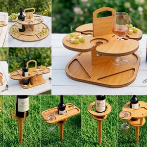 May include: A light brown wooden wine serving tray with a central handle, featuring cutouts for a wine bottle and multiple wine glasses, alongside a separate wooden wine stake with a single bottle holder and glass slots for outdoor use.