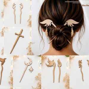 May include: A collection of light brown wooden hair sticks featuring various laser-cut designs including a sword, a crescent moon, a butterfly, a snake, a horse, and wing shapes with dangling feather charms, displayed individually and in use.