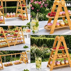 Op de afbeelding: Een lichtbruine, gelaagde serveerstandaard van bamboe met een schommelontwerp en meerdere planken voor het presenteren van voedsel. De structuur is gemaakt van 3 mm dik materiaal en bevat diverse houten dienbladen met aardbeien, donuts en cupcakes.