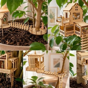 May include: A collection of miniature wooden treehouse structures designed for indoor plants. These laser-cut light wood models feature intricate balconies, staircases, bridges, and small platforms that attach to plant stems or sit within soil.