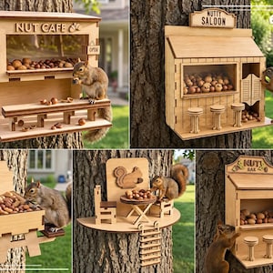Puede incluir: Una colección de comederos para ardillas de madera con diseños en miniatura como un Nut Cafe, Nutty Saloon y Nut Bar. Estas estructuras incluyen taburetes pequeños, mesas y mostradores llenos de nueces, con ardillas interactuando con la madera de 6 mm.