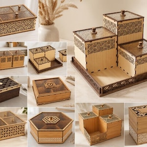 May include: A collection of wooden storage boxes and organizers featuring laser-cut geometric patterns, dark brown and light tan wood tones, and small knob handles on the lids. The set includes tiered containers, rectangular boxes, and a hexagonal box.