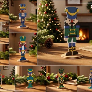 May include: A collection of flat, 3mm thick wooden nutcracker figurines in various designs, featuring vibrant colors like blue, green, red, and gold. Each nutcracker stands on a circular base, displaying detailed uniforms, hats, and facial features.