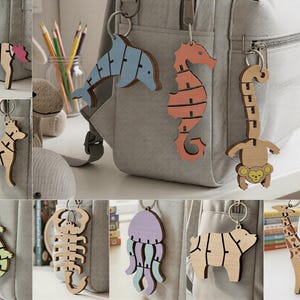 Arquivos para corte a laser de chaveiros articulados de animais | 10 designs flexíveis para bolsas e acessórios Glowforge xTool | Presente antiestresse para crianças | Arquivo digital SVG