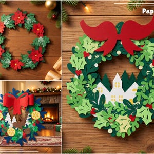 May include: A collection of three decorative paper cut wreaths featuring layered green holly leaves, red berries, and red bows. One wreath displays a white house silhouette, another features a deer and citrus slices, and the third shows poinsettias.